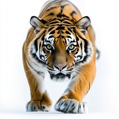 Fototapeta premium A majestic tiger prowling forward with an intense gaze, showcasing its striking orange and black stripes against a clean background.