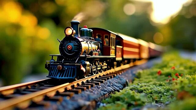 A miniature model of  a train  is moving along  a track 