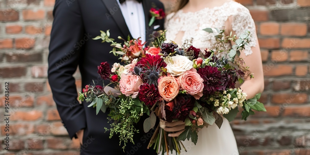 Poster Bride and Groom Holding Bouquet of Flowers 