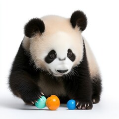 Obraz premium A playful panda interacts with colorful balls, showcasing its charming and curious nature in a vibrant, engaging setting.