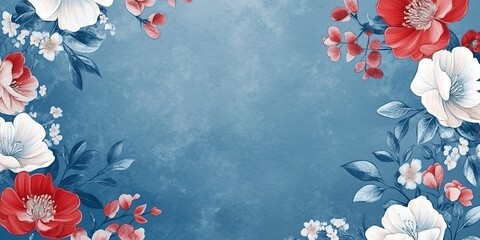 Beautiful elegant vintage floral background with flowers in shades of blue, red, and white, in a traditional oriental style, for a holiday or a ceremony in Asia, space for a text 