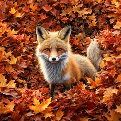 Fototapeta premium 3D Render of a fox in autumn leaves.