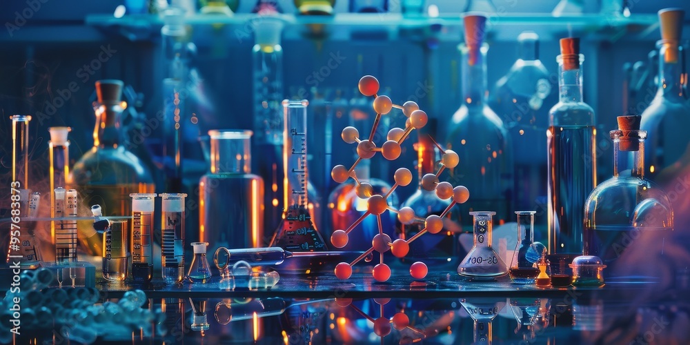 Poster Artistic representation of a complex molecular structure, set against a backdrop of laboratory equipment and glassware