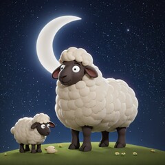 3D Render of a sheep and its lamb in front of a night sky.