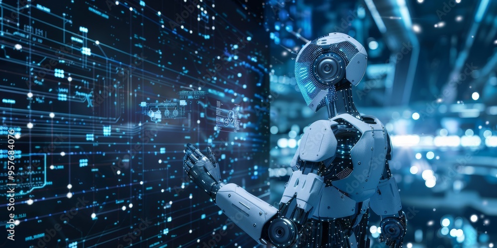 Poster AI and machine learning technology concept with data analysis and digital information flow