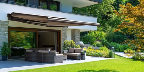Fototapeta premium Modern retractable awning providing shade for outdoor patio furniture