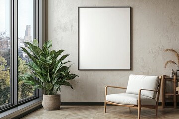Poster Frame in Beige minimalist living room interior created with generative AI