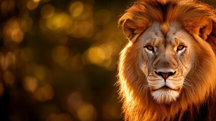Fototapeta premium Majestic lion with a golden mane gazing intently in the warm light of sunset in the savannah.