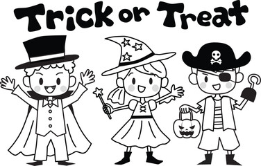 Line drawing of cute kids with halloween costumes and Trick or Treat texts. Vector Illustration.