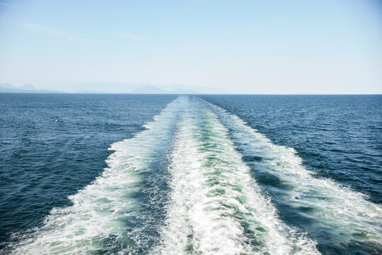 Wake trailing behind a ferry in British Columbia