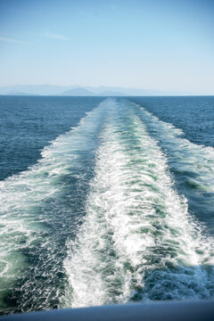Wake trailing behind a ferry in British Columbia