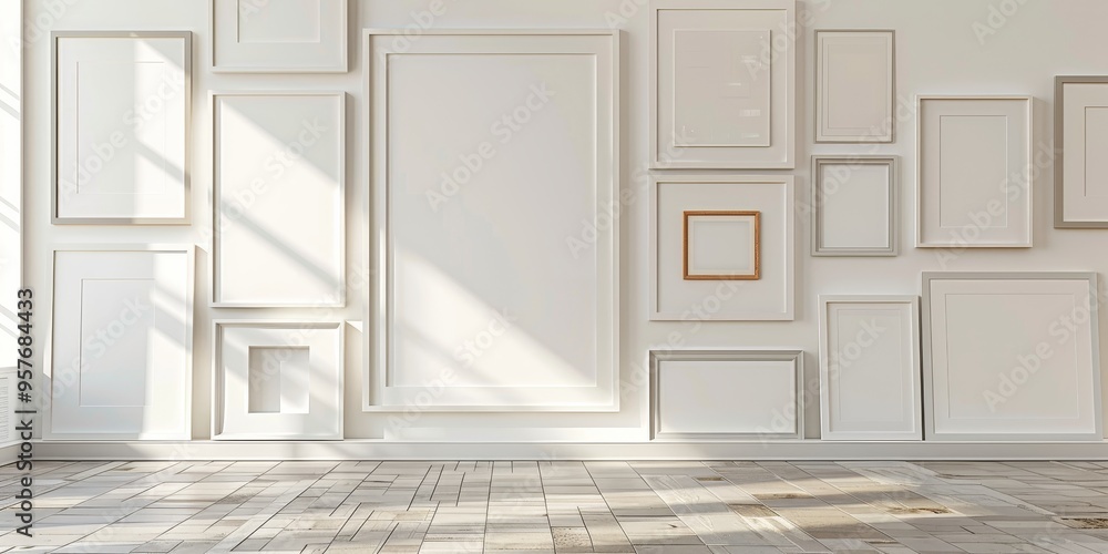 Poster a white frame display on a gallery wall, surrounded by various sizes of frames, creating a cohesive 