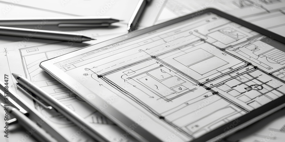 Poster Website wireframe sketches on a digital tablet, with responsive design elements and UI/UX concepts