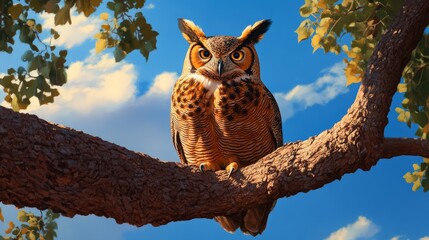 Obraz premium Majestic owl perched on a tree branch under a bright sky with scattered clouds and green foliage.