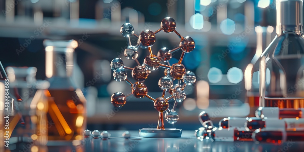 Poster Artistic representation of a complex molecular structure, set against a backdrop of laboratory equipment and glassware