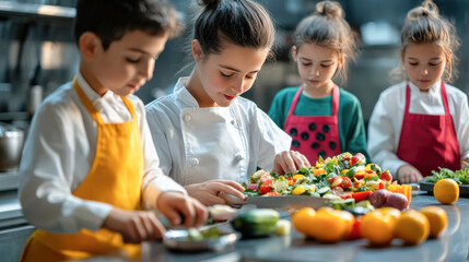 Children enjoying a cooking class, preparing fresh vegetables and fruits in a bright kitchen, fostering creativity and teamwork.