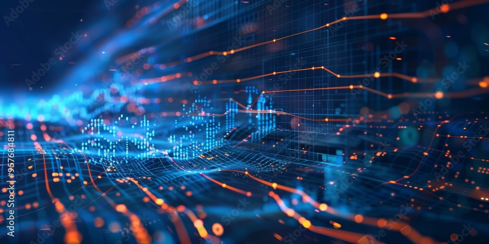 Poster AI and machine learning technology concept with data analysis and digital information flow
