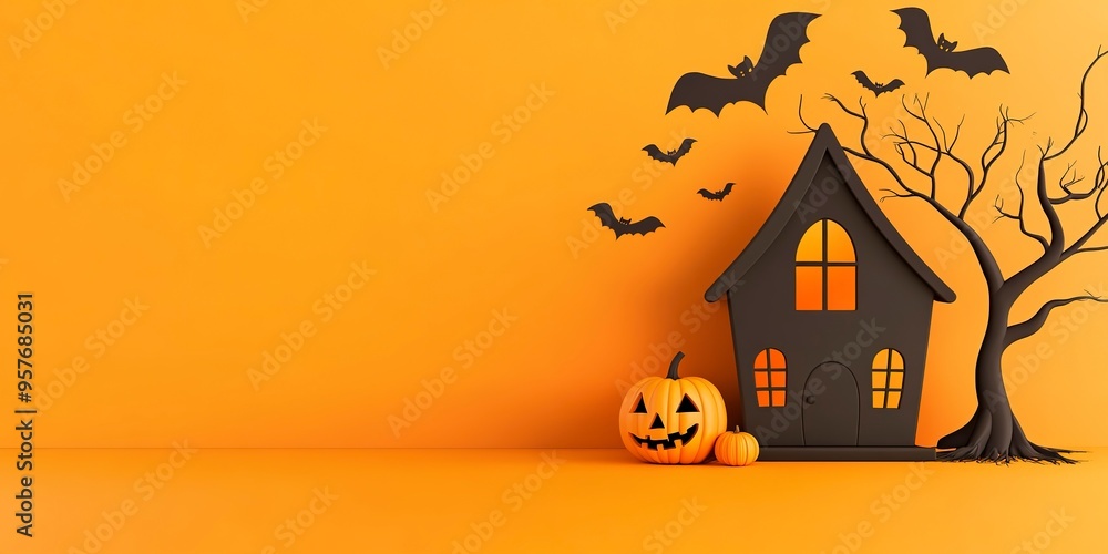 Poster Cute halloween house, pumpkin, bats, and tree on orange background with copy space, minimalistic style, banner design 