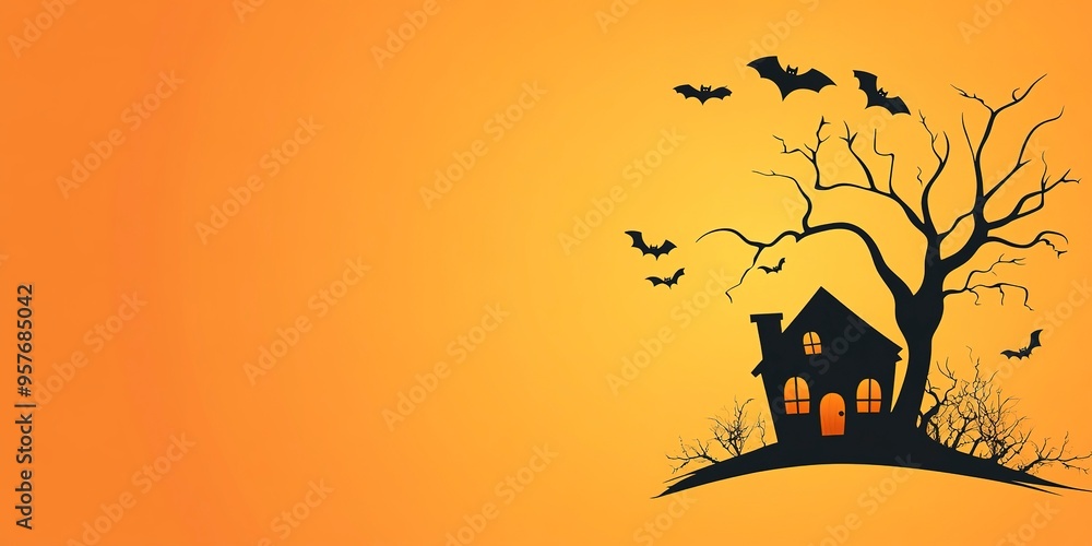 Poster Cute halloween house, pumpkin, bats, and tree on orange background with copy space, minimalistic style, banner design