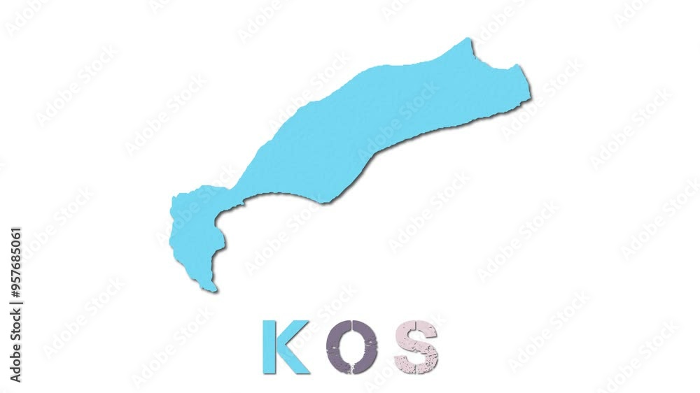 Poster kos map with paper regions. animated island map growing from regions and title letters falling down.