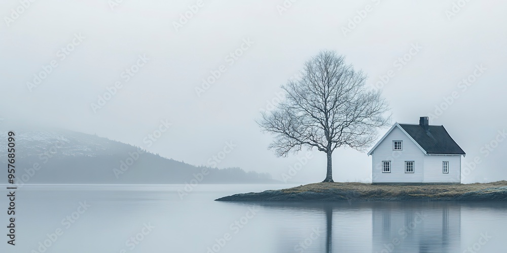 Canvas Prints White cottage next to a lone tree at the lake -