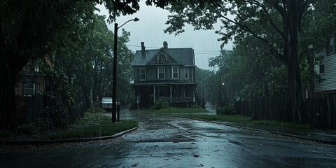 Fototapeta premium A rainy street with a house in the background. 