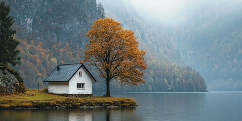 Fototapeta premium White cottage next to a lone tree at the lake 