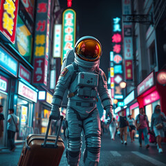 Obraz premium Astronaut Walking Through Neon-Lit Tokyo Street Scene