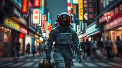 Astronaut Walking Through Neon-Lit Tokyo Street Scene