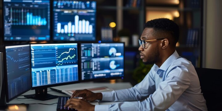 A data analyst processing complex financial data sets using advanced software tools with precision - Powered by Adobe