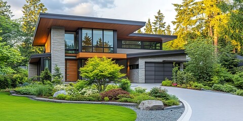 modern house with garden, exterior of beautiful home, modern architecture, suburban home