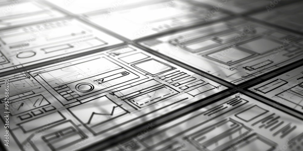 Poster Website wireframe sketches on a digital tablet, with responsive design elements and UI/UX concepts