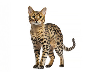 Obraz premium A stunning Bengal cat with striking spots, showcasing its graceful posture and vibrant personality against a clean background.