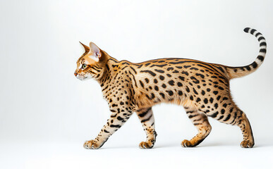 Fototapeta premium A majestic Bengal cat gracefully walking with its striking spotted coat against a clean white background.