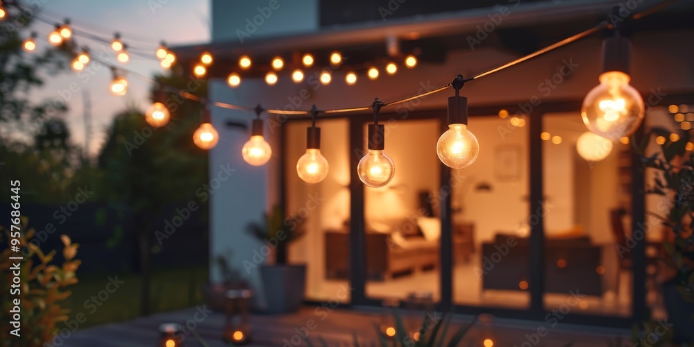 Poster decorative string lights adorning an outdoor patio, adding a festive and charming touch to a summer 