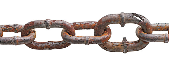 close up view  of and old chain , Isolated on white background 