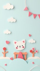Cute paper cat on a blue background with hearts and clouds.