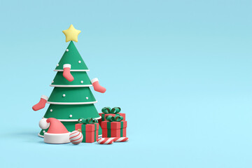 3D illustration with a Christmas tree decorated with stars, balls and socks, with gift boxes, balls, candies and Santa hats next to it. on a blue background Lovely bright atmosphere during Christmas.