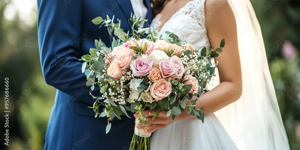 Sticker Bride and Groom Holding Bouquet of Flowers