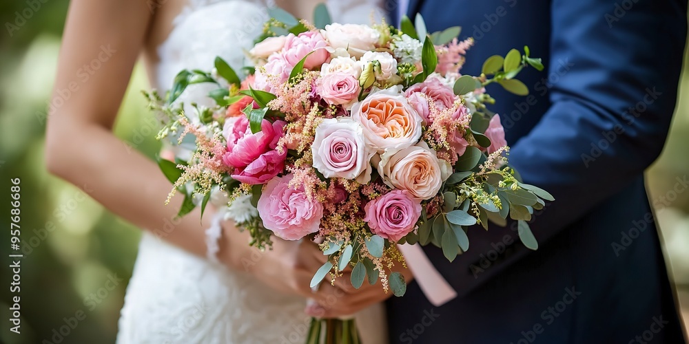 Poster Bride and Groom Holding Bouquet of Flowers