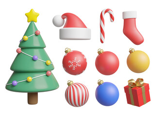 3D illustration with set of decorative icons consisting of Christmas tree, balls, Santa hats, socks, candy and gift boxes isolated on transparent background.