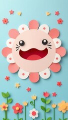 Paper cutout smiling sun with flowers on a light blue background.
