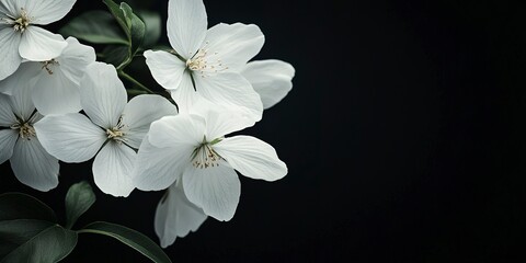 white flowers on black background for obituary notice, funeral announcement, necrology 