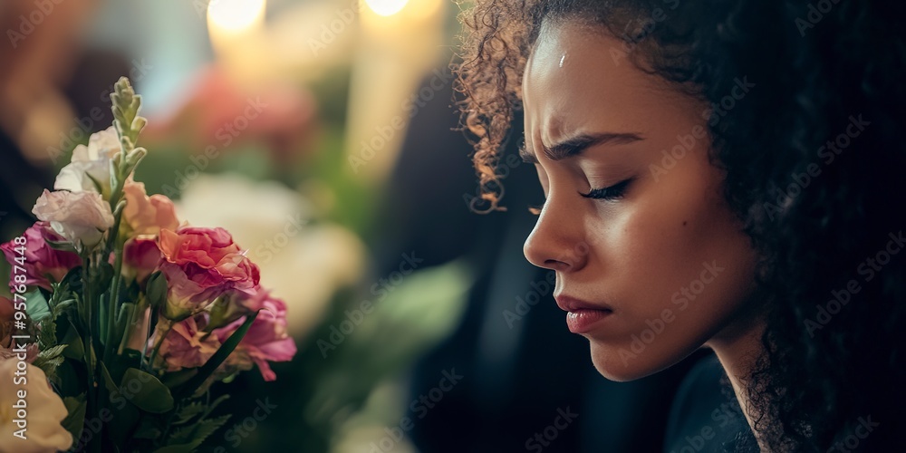 Poster Grieving Woman Mourning at Funeral Service with Tearful Expression and Flower Arrangements