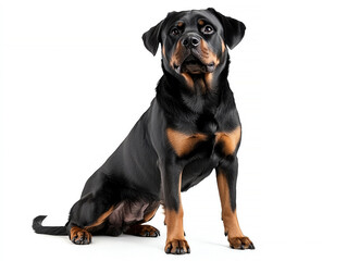 Fototapeta premium A strong and loyal Rottweiler sitting confidently against a clean white background, showcasing its distinctive black and tan coat.