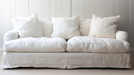 Coastal living room with a shiplap wall behind a white slipcovered sofa. interior design concept 
