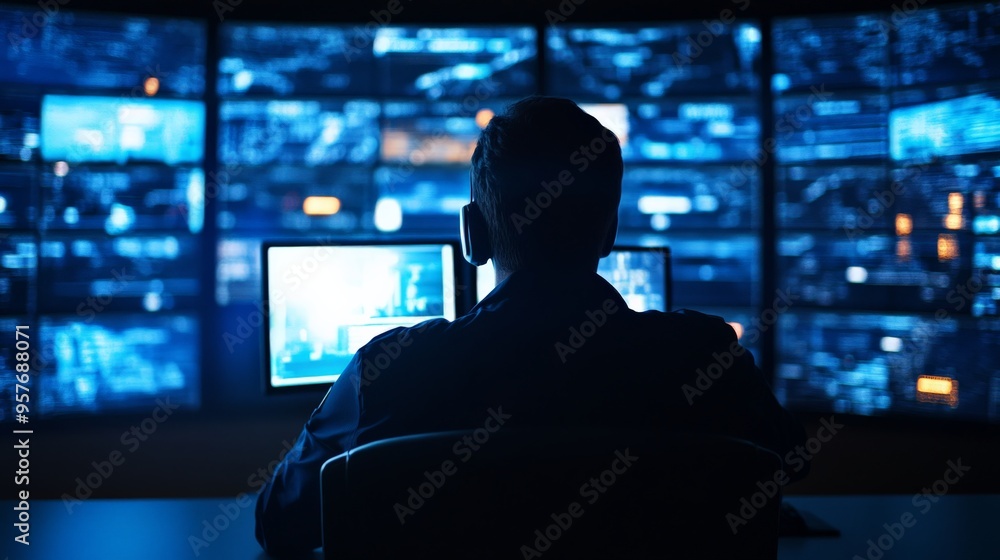 Poster silhouette of a person monitoring multiple screens in a control room filled with blue lighting. idea