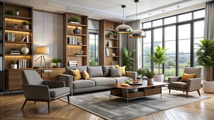 Fototapeta premium A photorealistic computer-generated scene showcasing sleek modern furniture, vibrant décor, and striking architectural