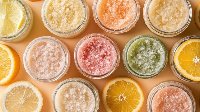 Colorful assortment of citrus-infused scrubs in small jars arranged with lemon and orange slices on a light background