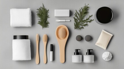 Naklejka premium Elegant arrangement of natural toiletries and towels on a neutral background, showcasing a relaxing self-care moment